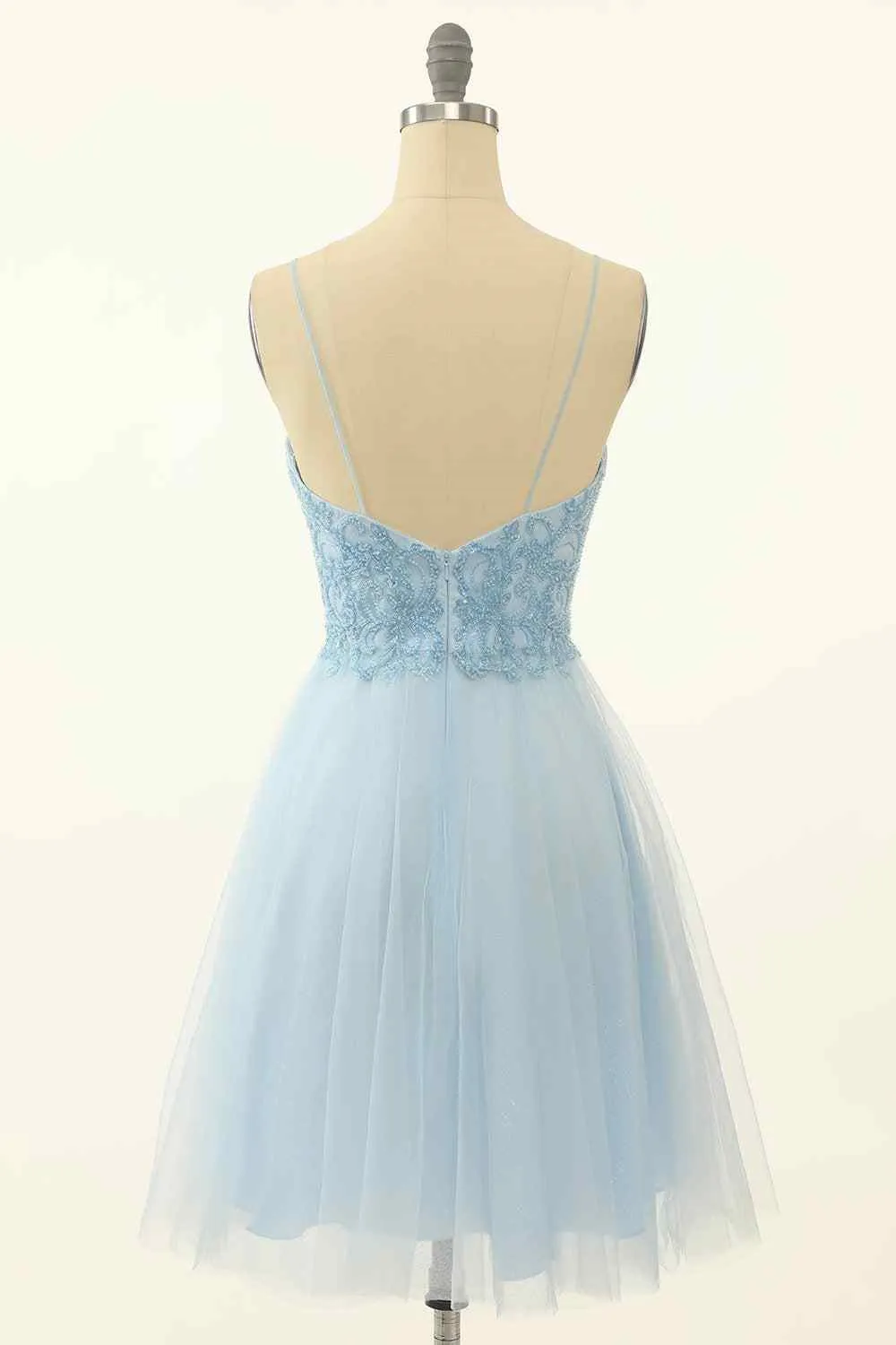 A-line Spaghetti Straps Beaded Short Prom Dress Light Sky Blue Homecoming Dress kts076