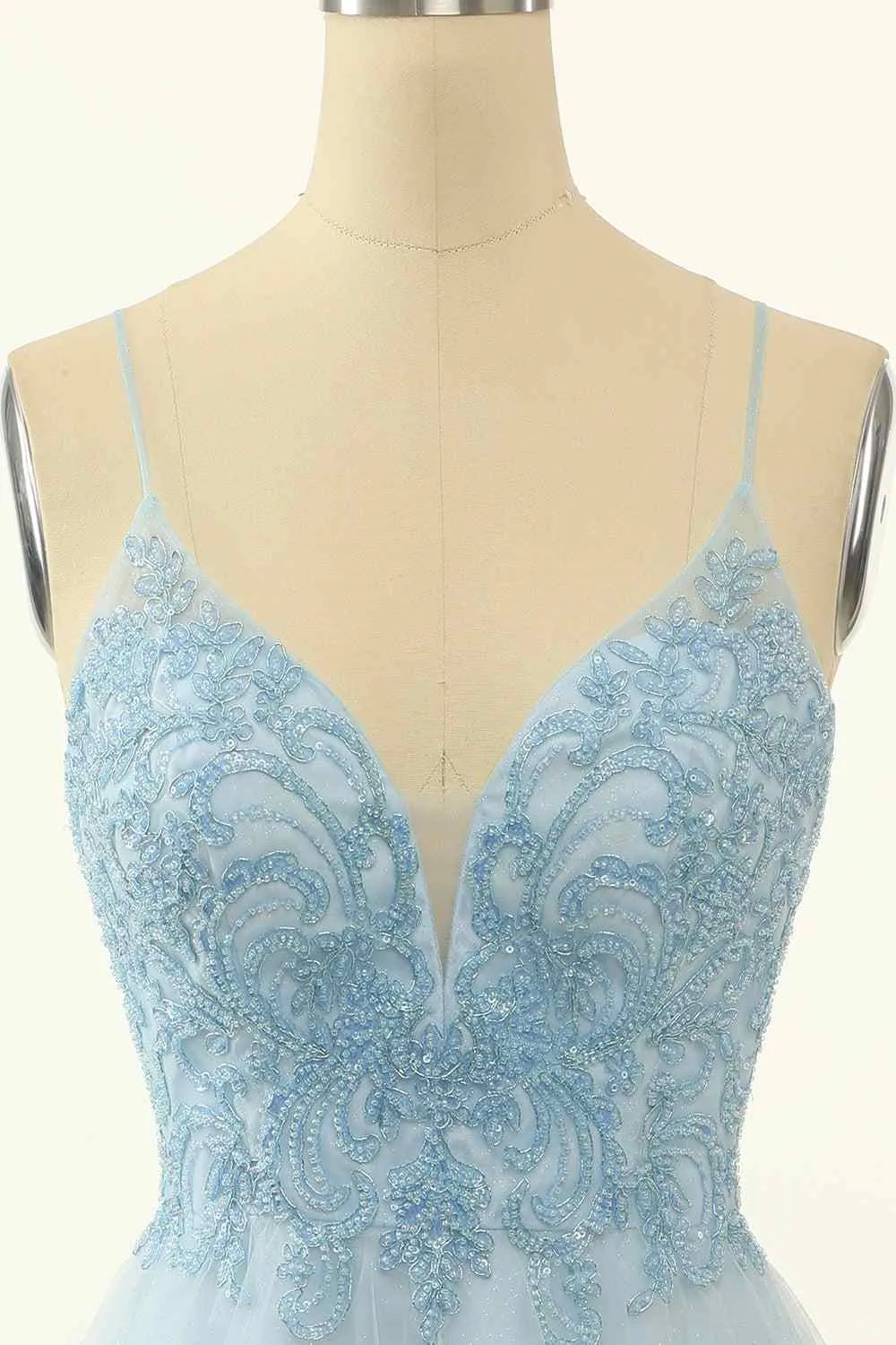 A-line Spaghetti Straps Beaded Short Prom Dress Light Sky Blue Homecoming Dress kts076