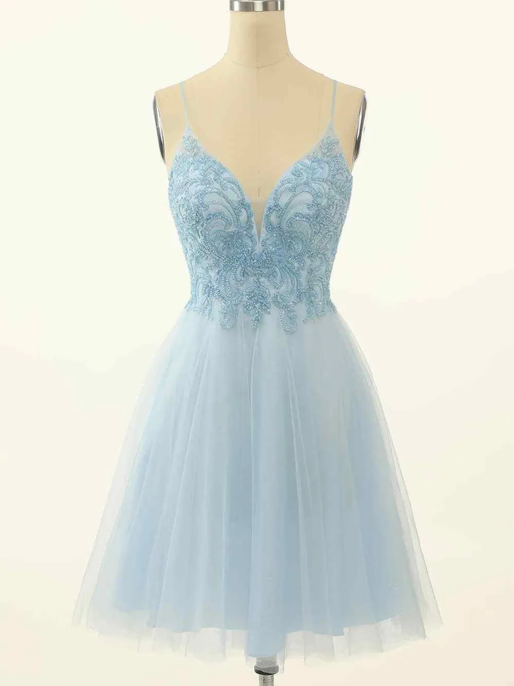 A-line Spaghetti Straps Beaded Short Prom Dress Light Sky Blue Homecoming Dress kts076