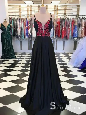 A-line Spaghetti Straps Black Long Prom Dress Embroidery Applique Formal Gowns SED018