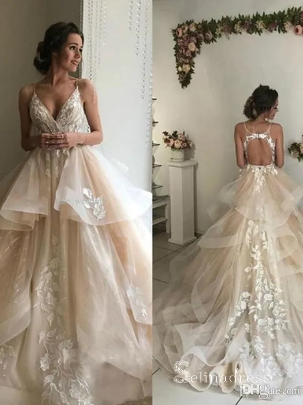 A-line Spaghetti Straps Lace Applique Rustic Wedding Dresses Champagne Bridal Gowns MHL2830