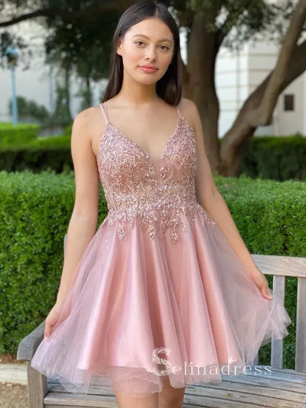 A-line Spaghetti Straps Pink Short Prom Dress Lace Homecoming Dresses #MHL121