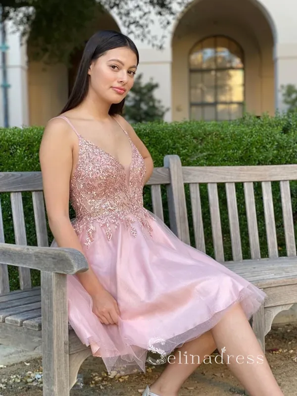 A-line Spaghetti Straps Pink Short Prom Dress Lace Homecoming Dresses #MHL121