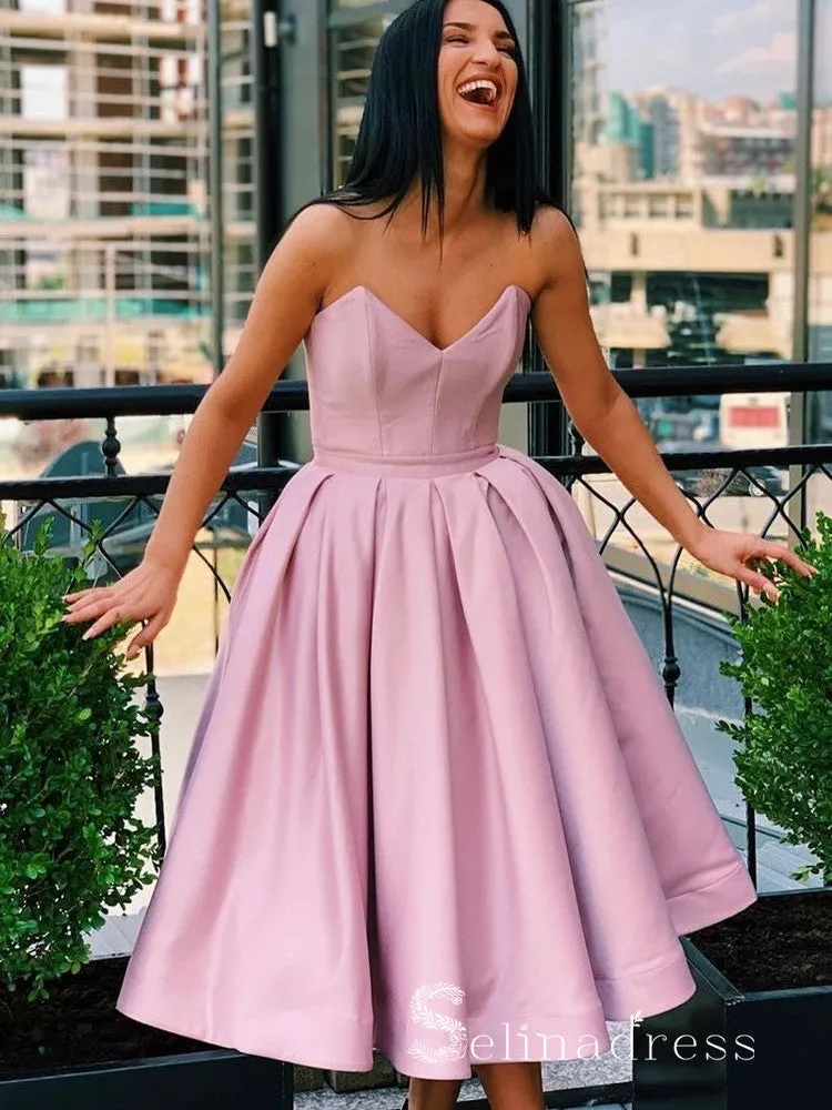 A-line Strapless Pink Tea Length Prom Dress Satin Formal Gowns #CBD265