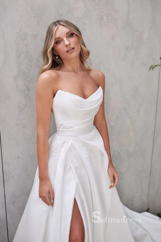 A-line Strapless Satin White Ruffles Wedding Dress Beaded Unique Wedding Gown RYU033