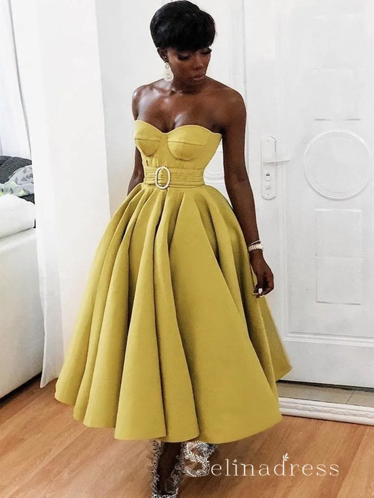 A-line Strapless Short Prom Dress Satin Formal Gowns #CBD252