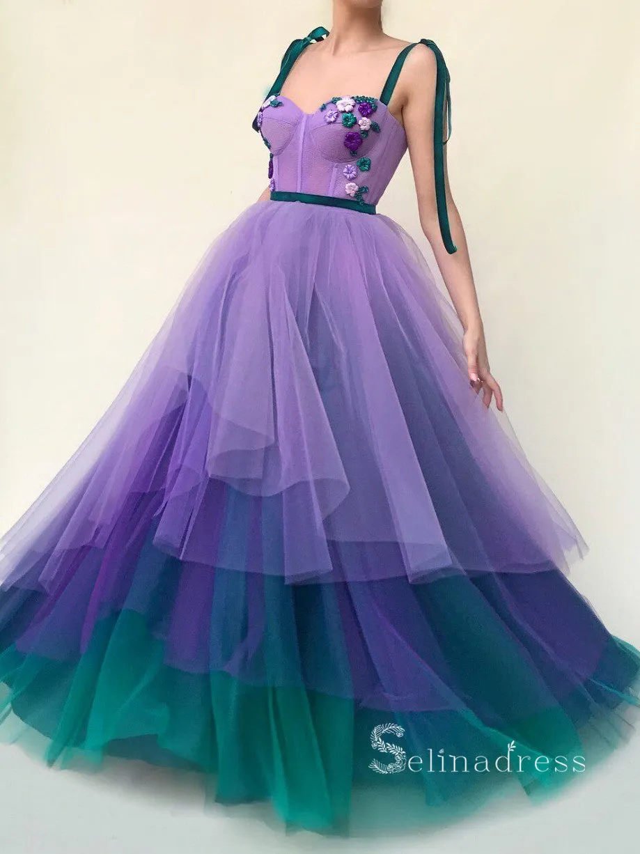 A-line Straps Ombre Long Prom Dress With Flower Tulle Evening Dresses HLK002