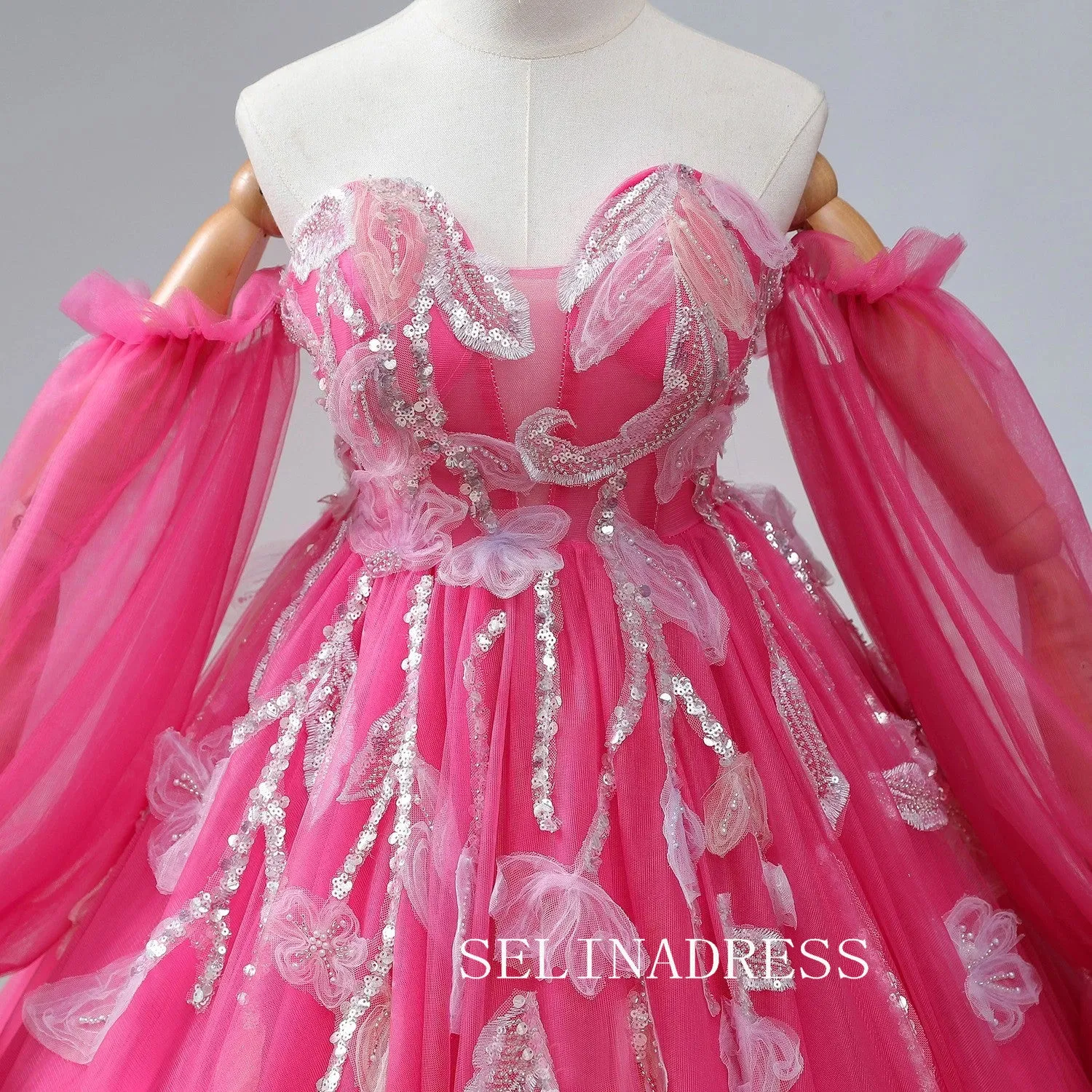 A-Line Sweetheart Fuchsia Dresses Flower Long Sleeve Ball Gown Formal Dresses TKL2103