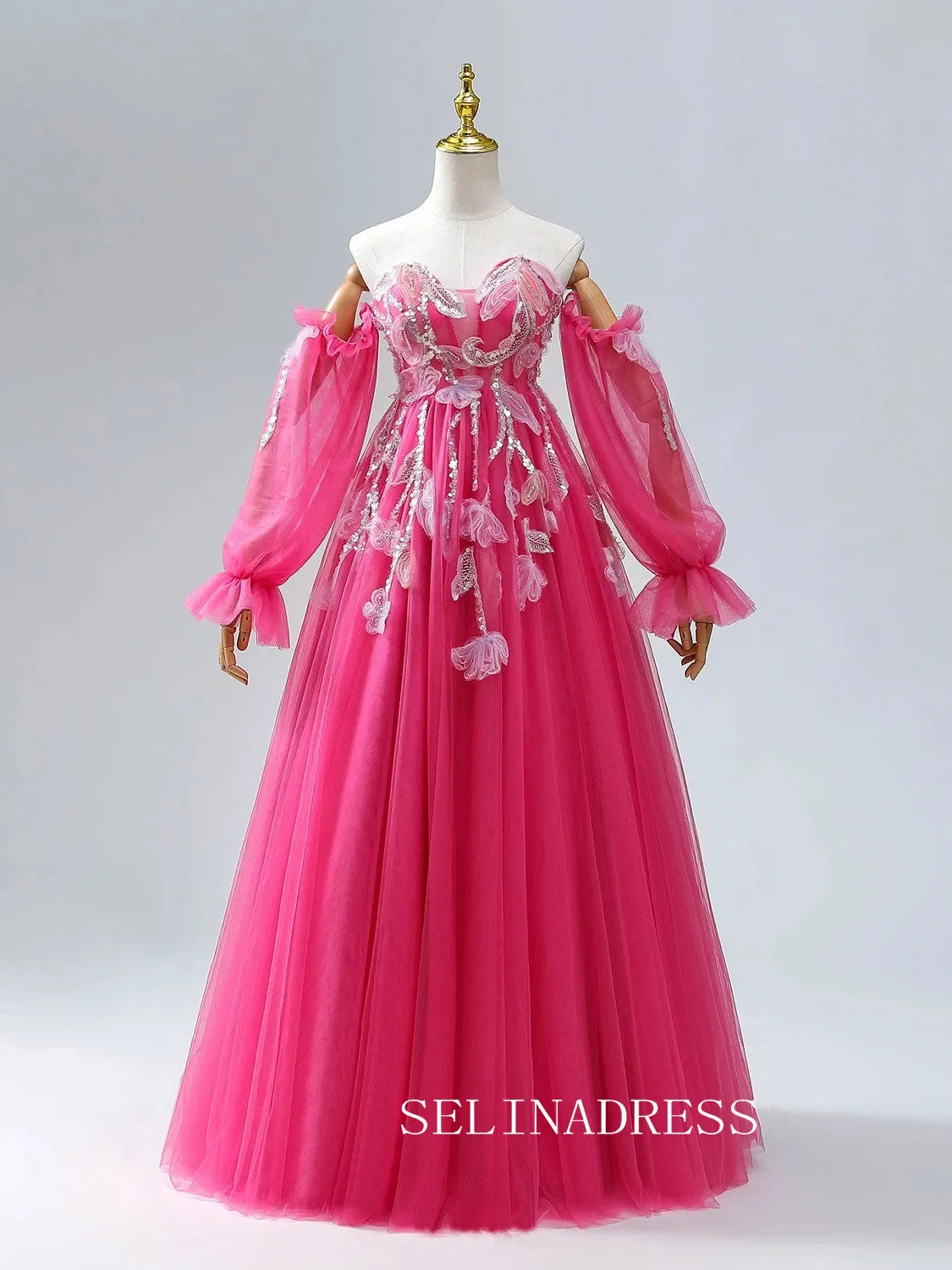 A-Line Sweetheart Fuchsia Dresses Flower Long Sleeve Ball Gown Formal Dresses TKL2103