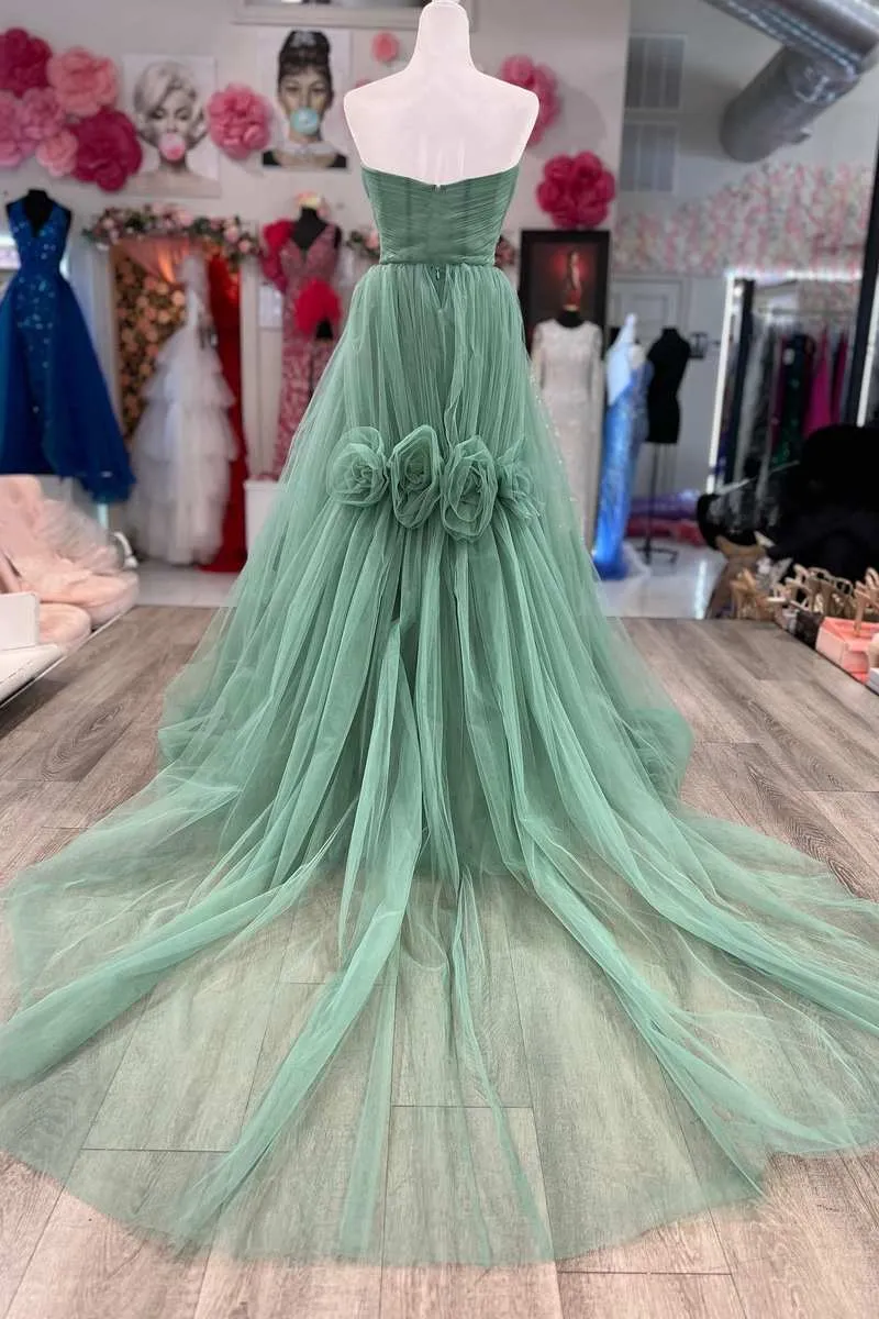 A-Line Sweetheart Green Tulle Hand Made Flower Long Prom Dress JKW123