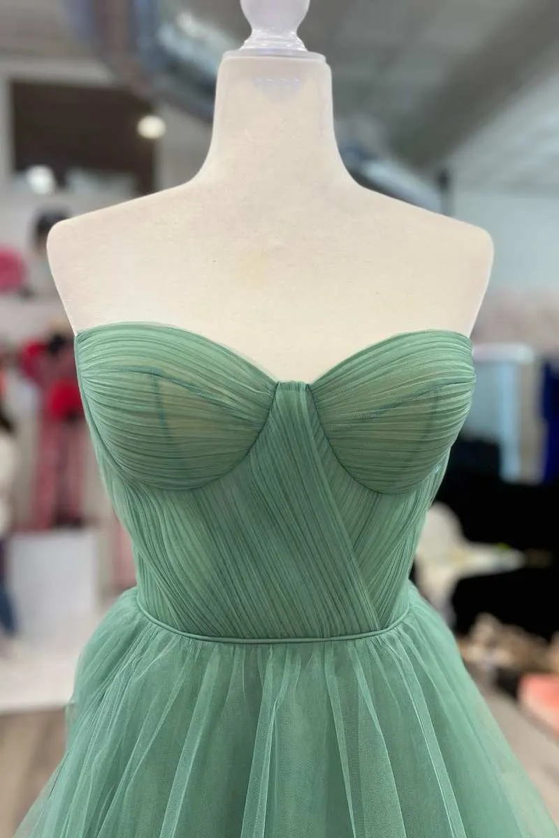 A-Line Sweetheart Green Tulle Hand Made Flower Long Prom Dress JKW123