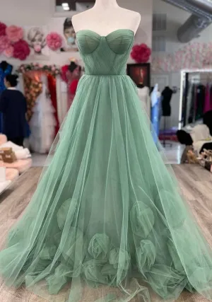 A-Line Sweetheart Green Tulle Hand Made Flower Long Prom Dress JKW123