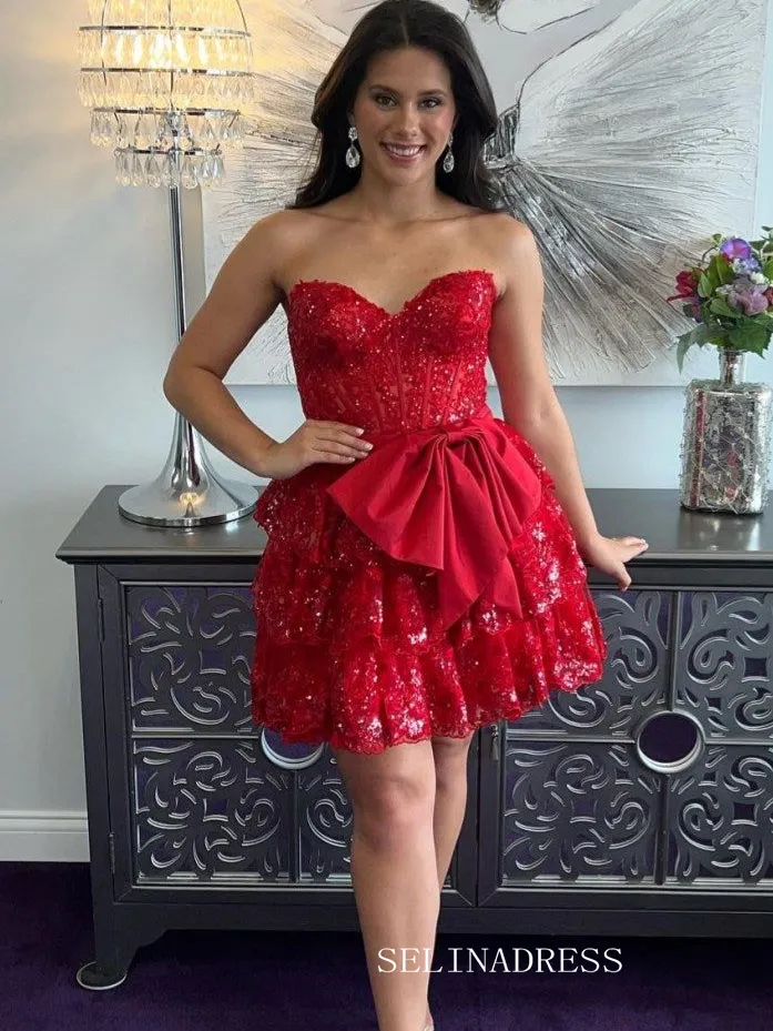 A-line Sweetheart Lace Short Prom Dress Red Homecoming Dresses #TKL2317