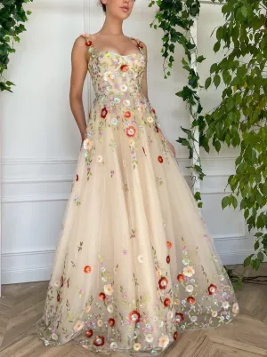 A Line Tulle Floral Princess Formal Dress Straps Embroidered Prom Dress #QWE039