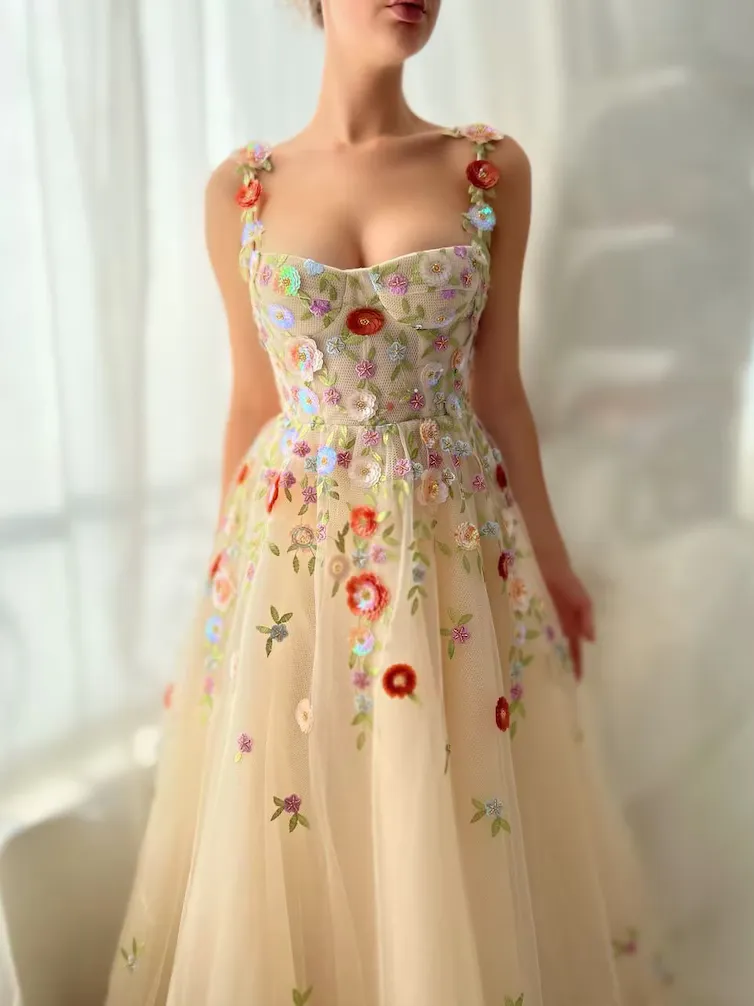 A Line Tulle Floral Princess Formal Dress Straps Embroidered Prom Dress #QWE039