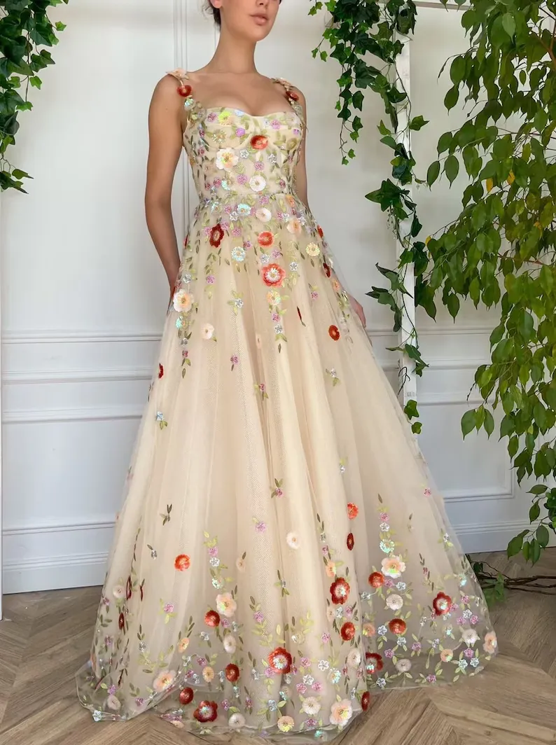 A Line Tulle Floral Princess Formal Dress Straps Embroidered Prom Dress #QWE039