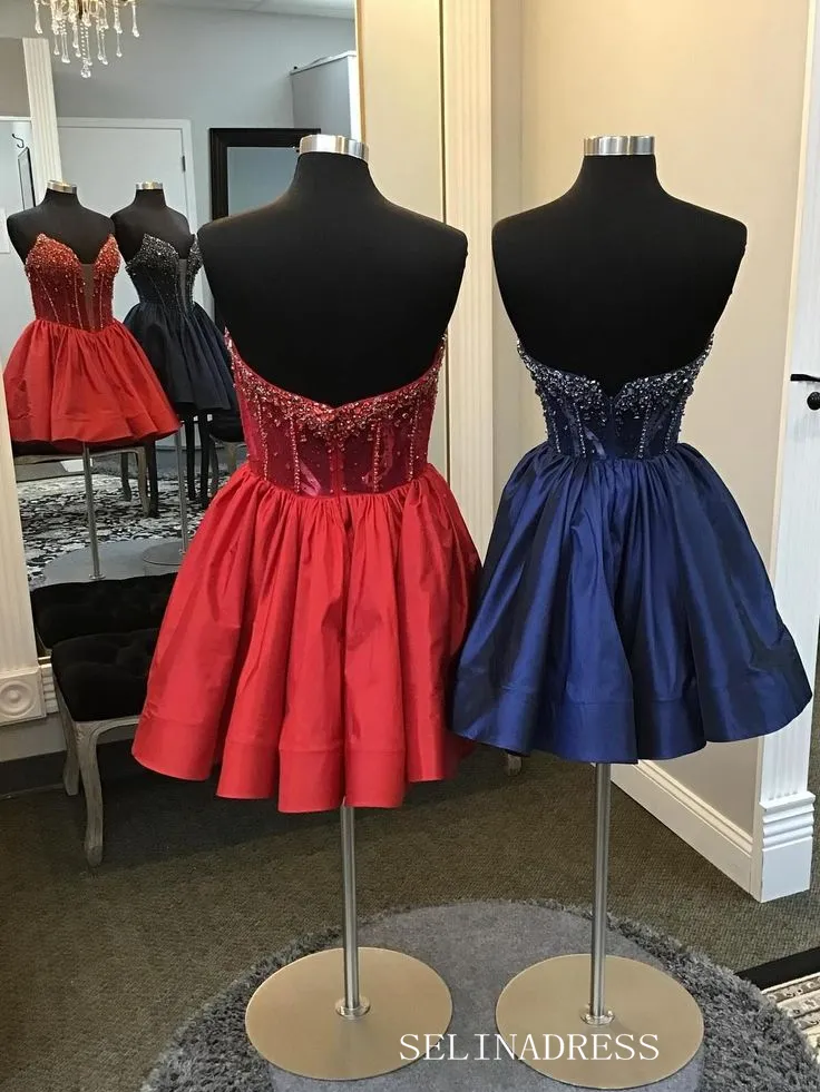 A-line V neck Beaded Short Prom Dress Red Homecoming Dresses #TKL2318