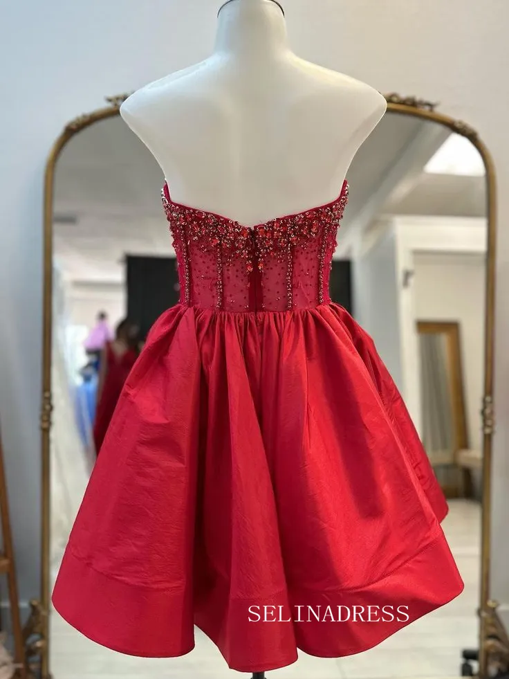 A-line V neck Beaded Short Prom Dress Red Homecoming Dresses #TKL2318