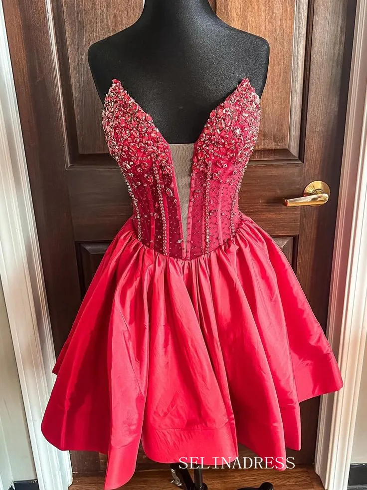 A-line V neck Beaded Short Prom Dress Red Homecoming Dresses #TKL2318