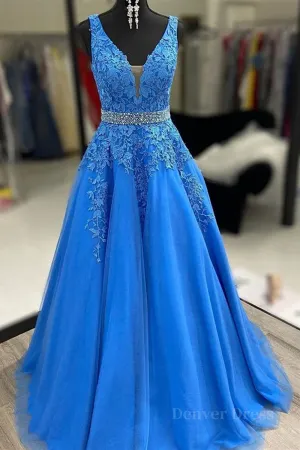 A Line V Neck Blue Lace Long Prom Dresses with Belt Blue Lace Formal Evening Dresses