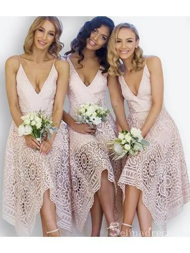 A-line V neck Lace Bridesmaid Dress Tea Length Cheap Bridesmaid Dresses BRD022