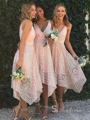 A-line V neck Lace Bridesmaid Dress Tea Length Cheap Bridesmaid Dresses BRD022