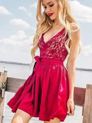 A-line V neck Lace Short Prom Dress Red Satin Homecoming Dress kts096