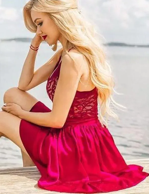 A-line V neck Lace Short Prom Dress Red Satin Homecoming Dress kts096