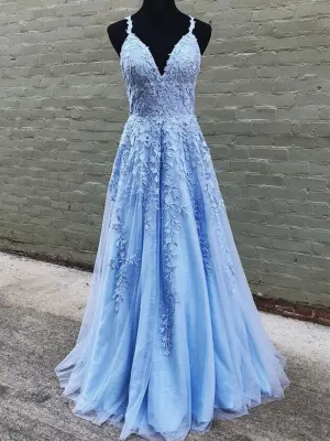 A Line V Neck Light Blue Lace Prom Dresses, V Neck Light Blue Lace Formal Evening Dresses