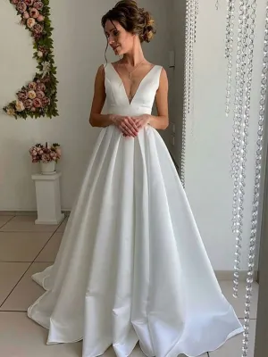 A Line V Neck Pleated Satin White Long Prom Dresses Wedding Dresses, White Formal Dresses, Evening Dresses