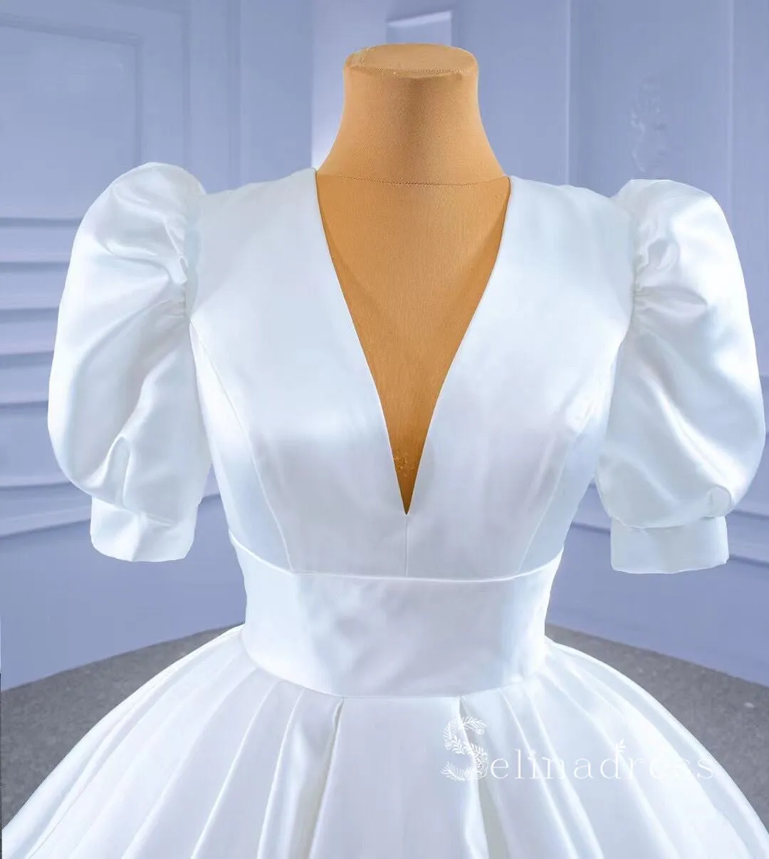 A-line V neck Short Sleeve White Satin Wedding Dresses MHL2861