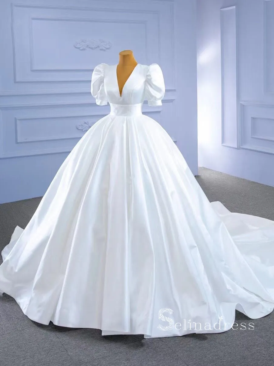 A-line V neck Short Sleeve White Satin Wedding Dresses MHL2861