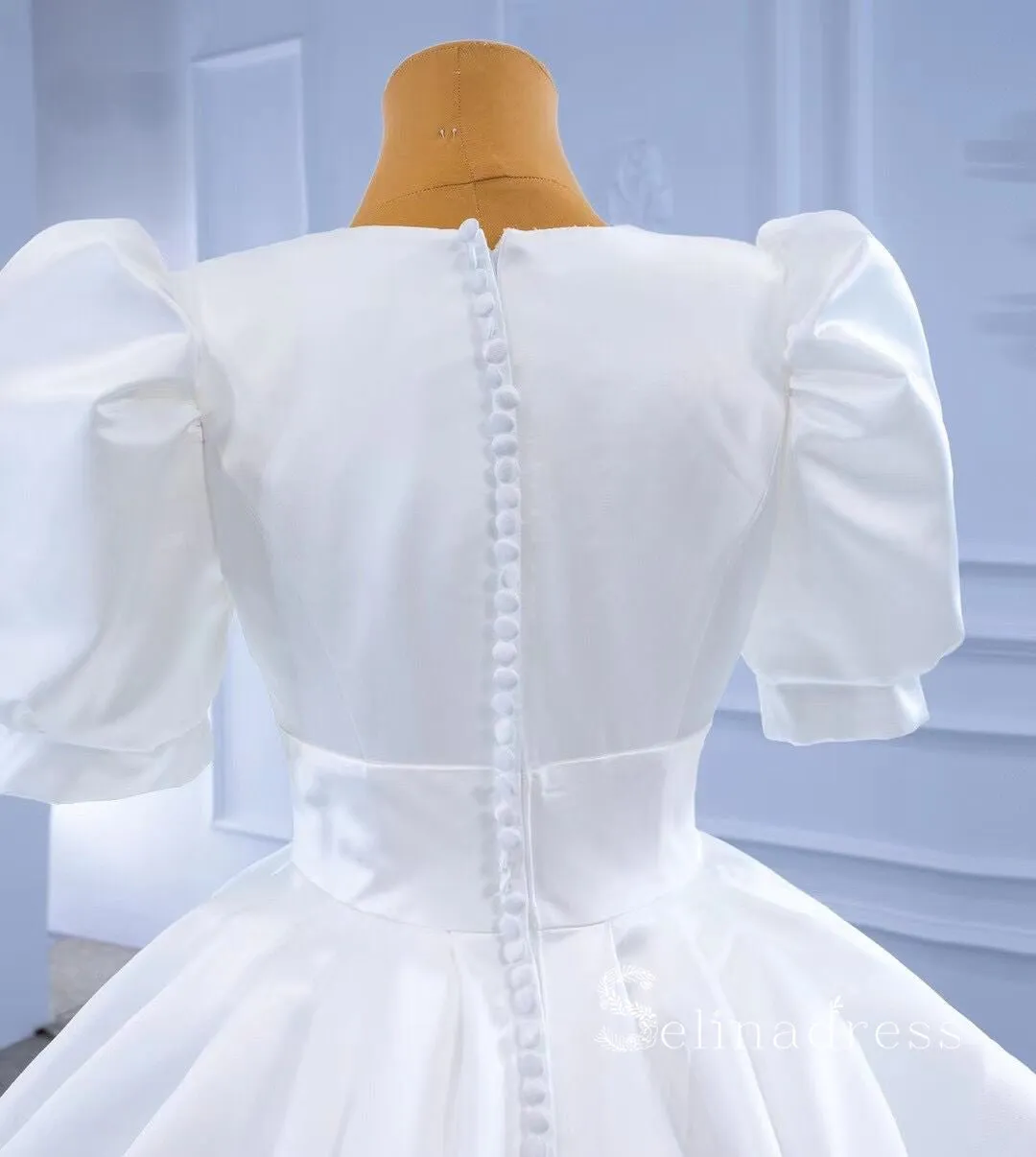 A-line V neck Short Sleeve White Satin Wedding Dresses MHL2861