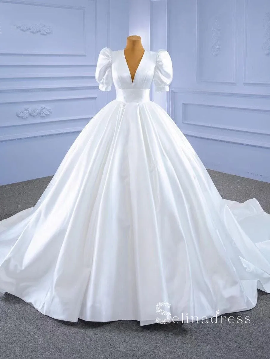 A-line V neck Short Sleeve White Satin Wedding Dresses MHL2861