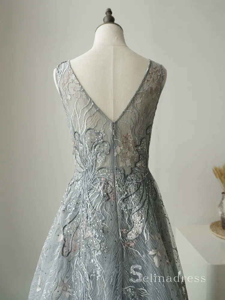 A-line V neck Sleeveless Gray Luxury Embroidery Long Prom Dress Elegant Evening Gowns ASB020