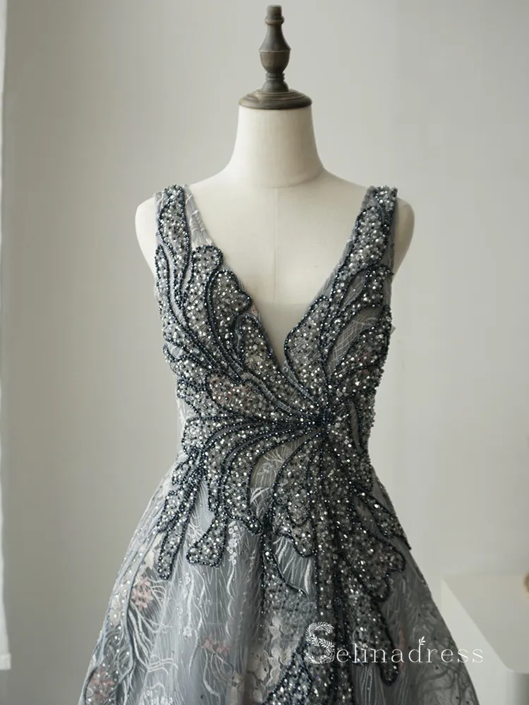 A-line V neck Sleeveless Gray Luxury Embroidery Long Prom Dress Elegant Evening Gowns ASB020