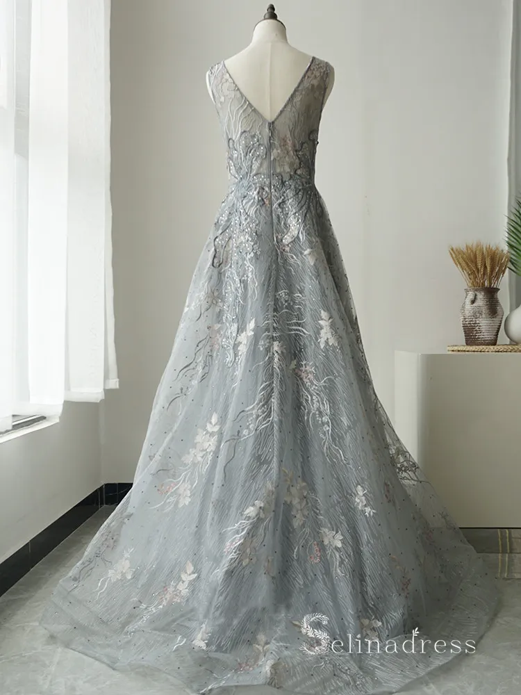 A-line V neck Sleeveless Gray Luxury Embroidery Long Prom Dress Elegant Evening Gowns ASB020