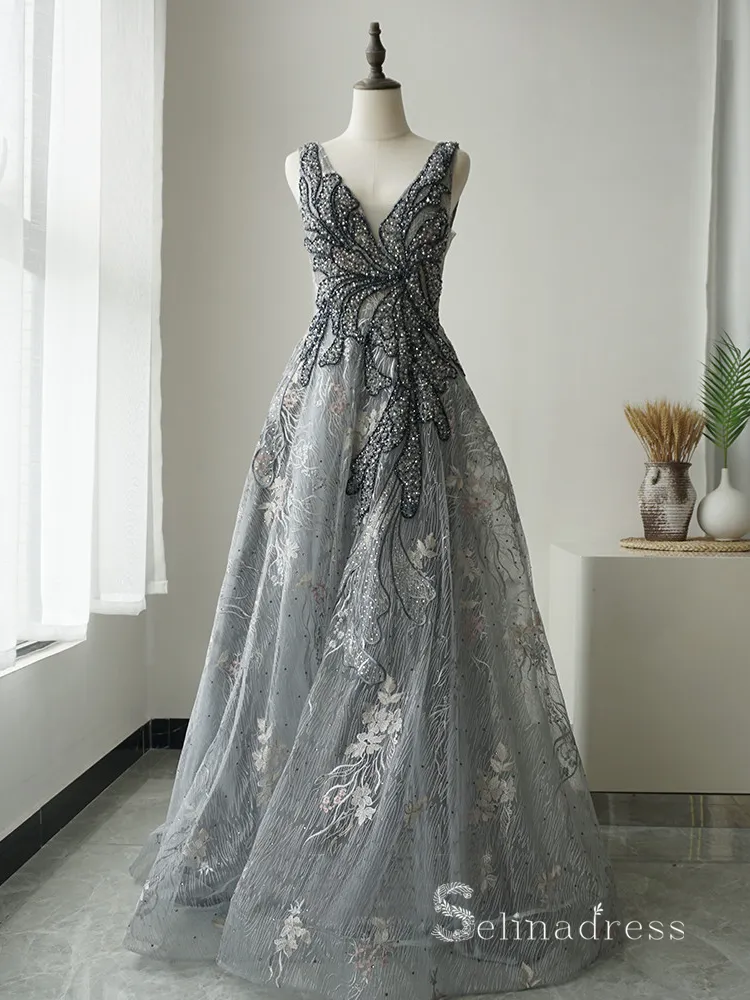 A-line V neck Sleeveless Gray Luxury Embroidery Long Prom Dress Elegant Evening Gowns ASB020