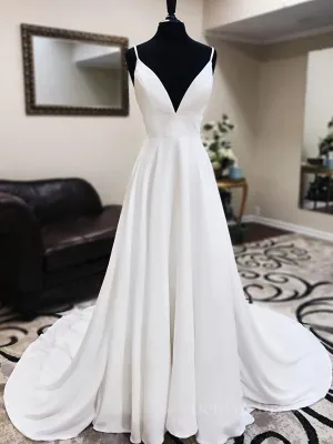 A Line V Neck White Wedding Dresses with Lace Back White V Neck Prom Formal Dresses