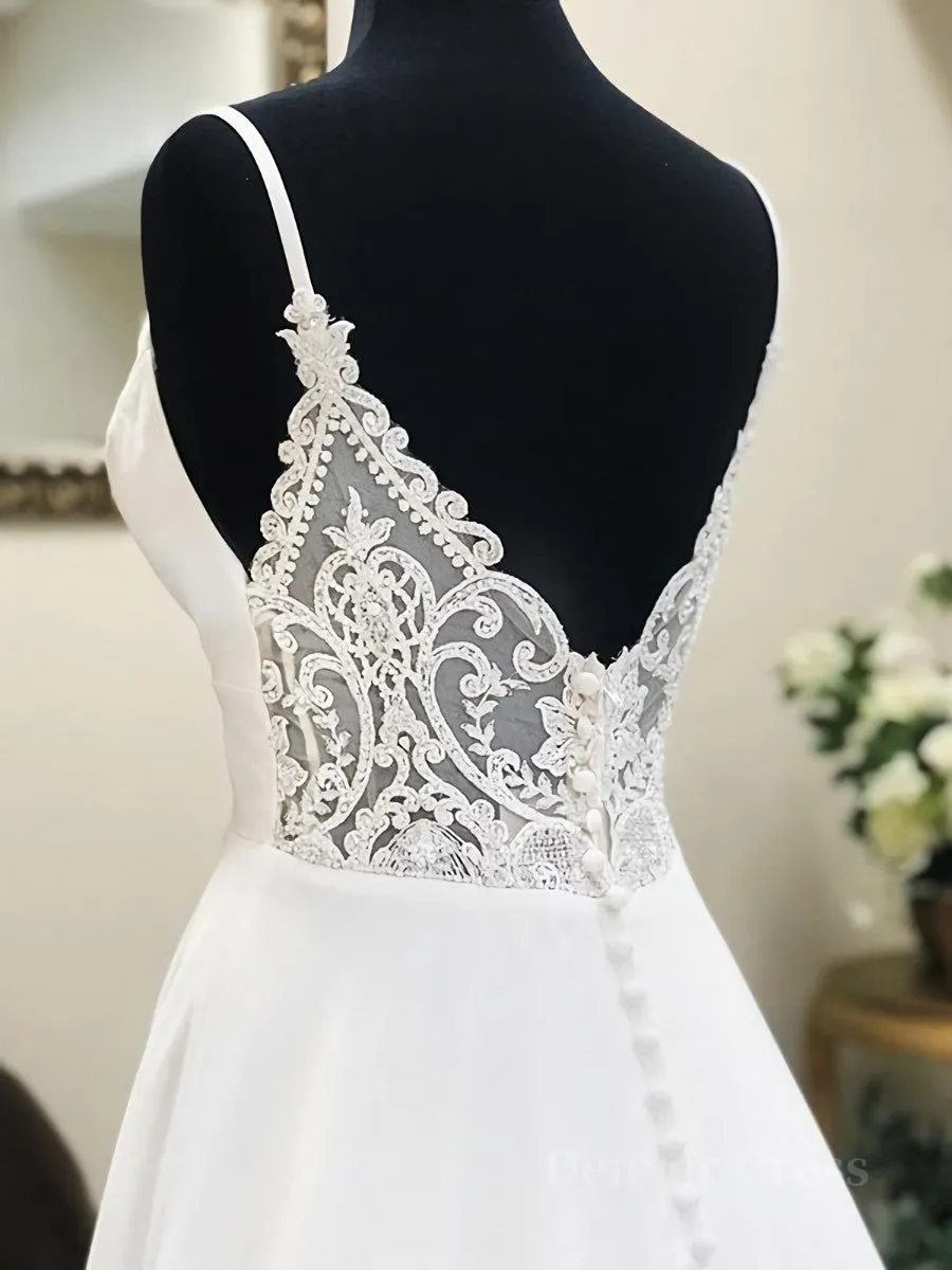 A Line V Neck White Wedding Dresses with Lace Back White V Neck Prom Formal Dresses