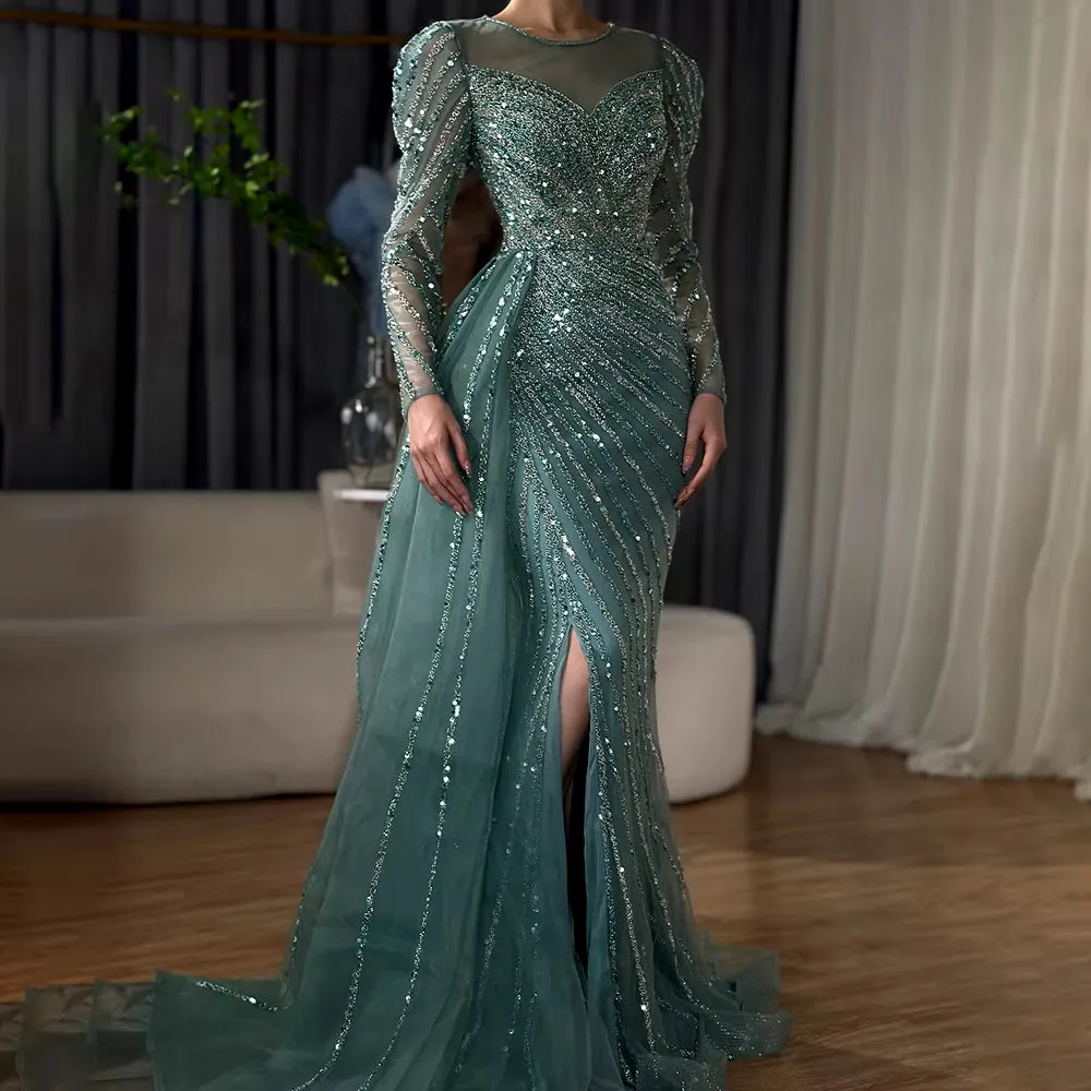 Arabic Turquoise Mermaid Beaded Split Luxury Dubai Long Evening Dresses Gowns for Women Wedding Party ALI009