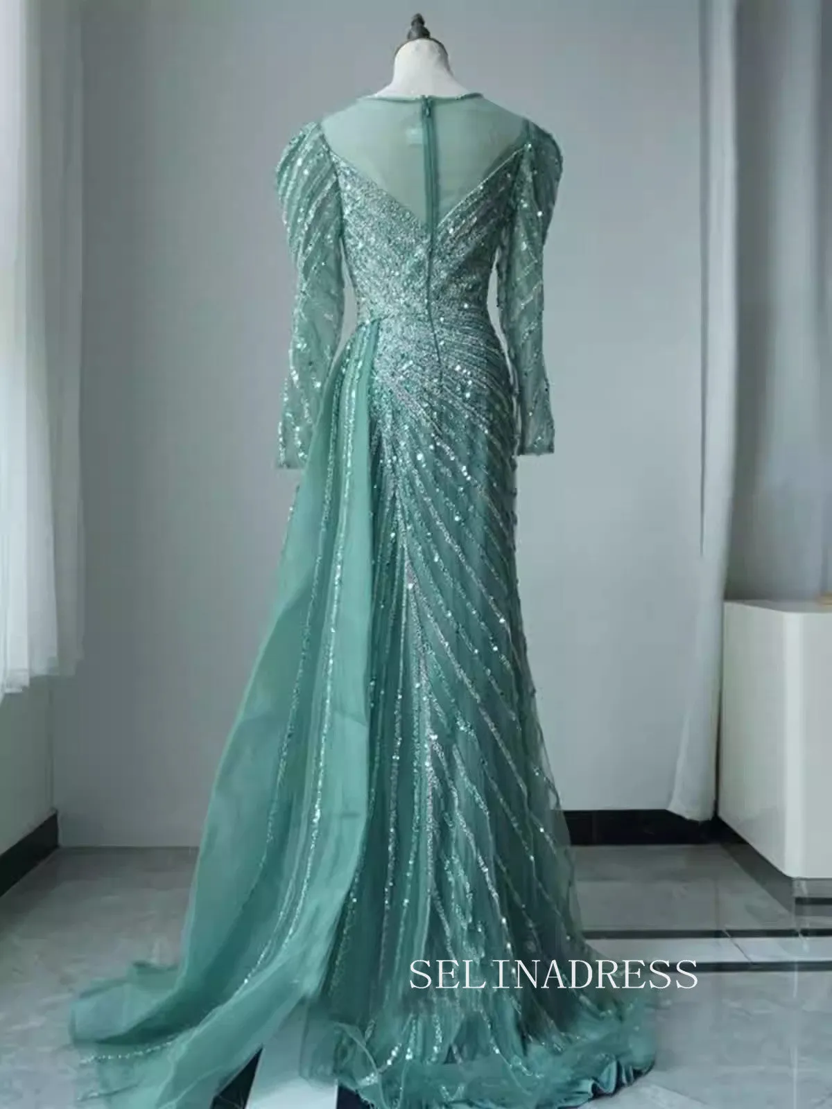 Arabic Turquoise Mermaid Beaded Split Luxury Dubai Long Evening Dresses Gowns for Women Wedding Party ALI009