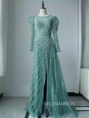 Arabic Turquoise Mermaid Beaded Split Luxury Dubai Long Evening Dresses Gowns for Women Wedding Party ALI009