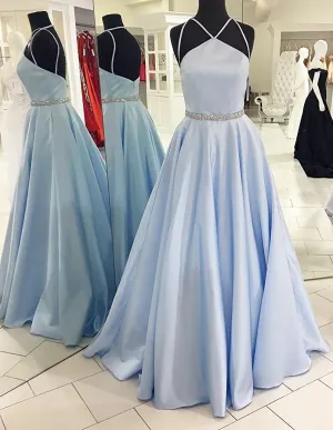 Backless Beading Spaghetti Straps A Line Light Blue Long Prom Dresses