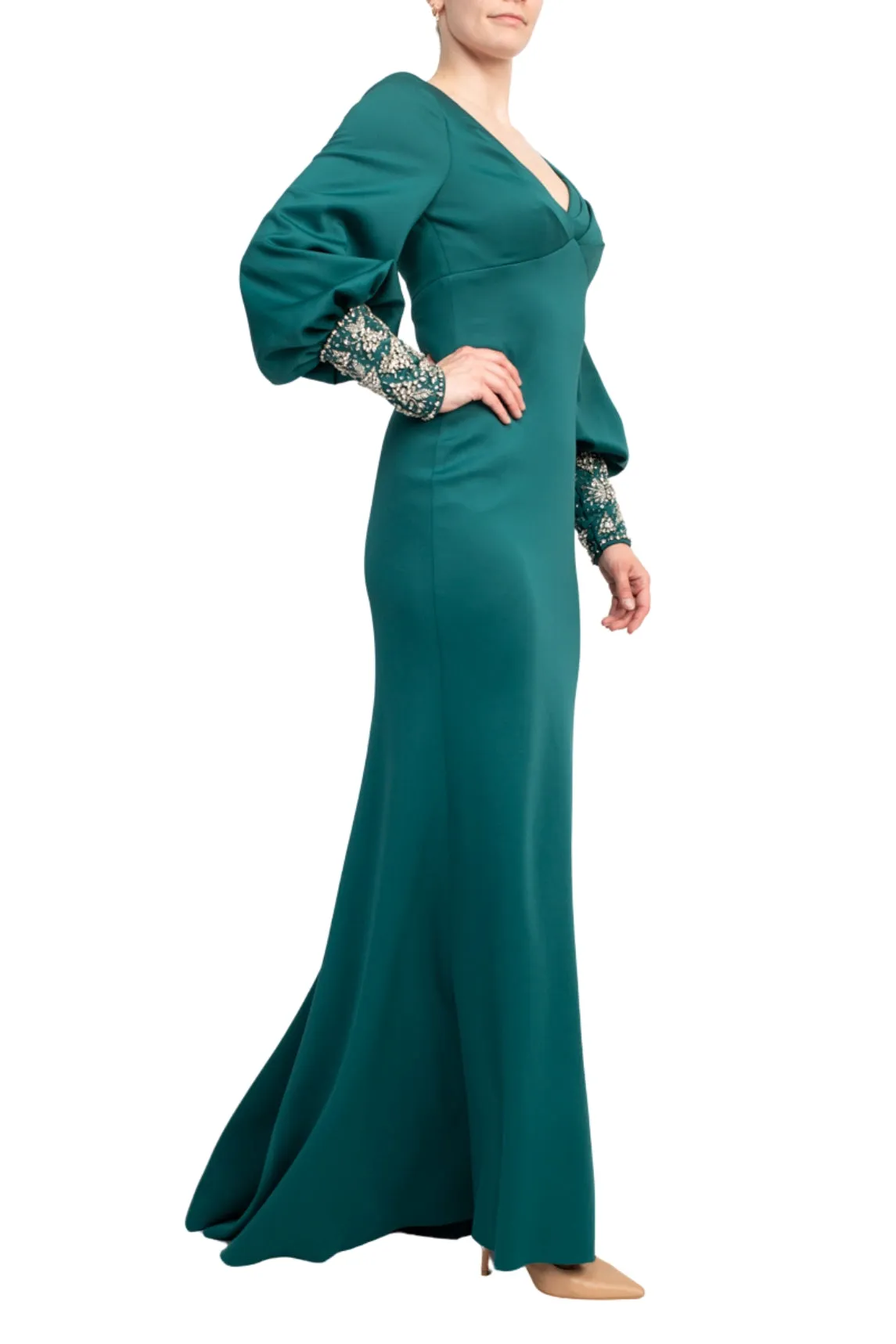 Badgley Mischka Curvy Scuba with Beaded Cuffs Gown