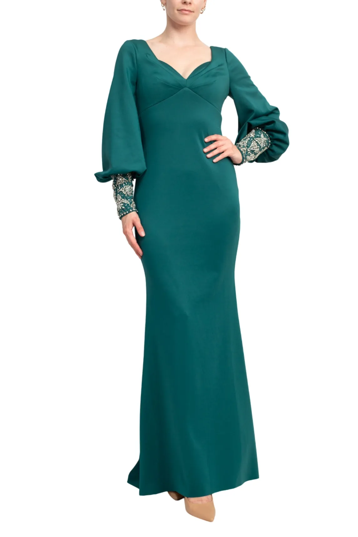 Badgley Mischka Curvy Scuba with Beaded Cuffs Gown