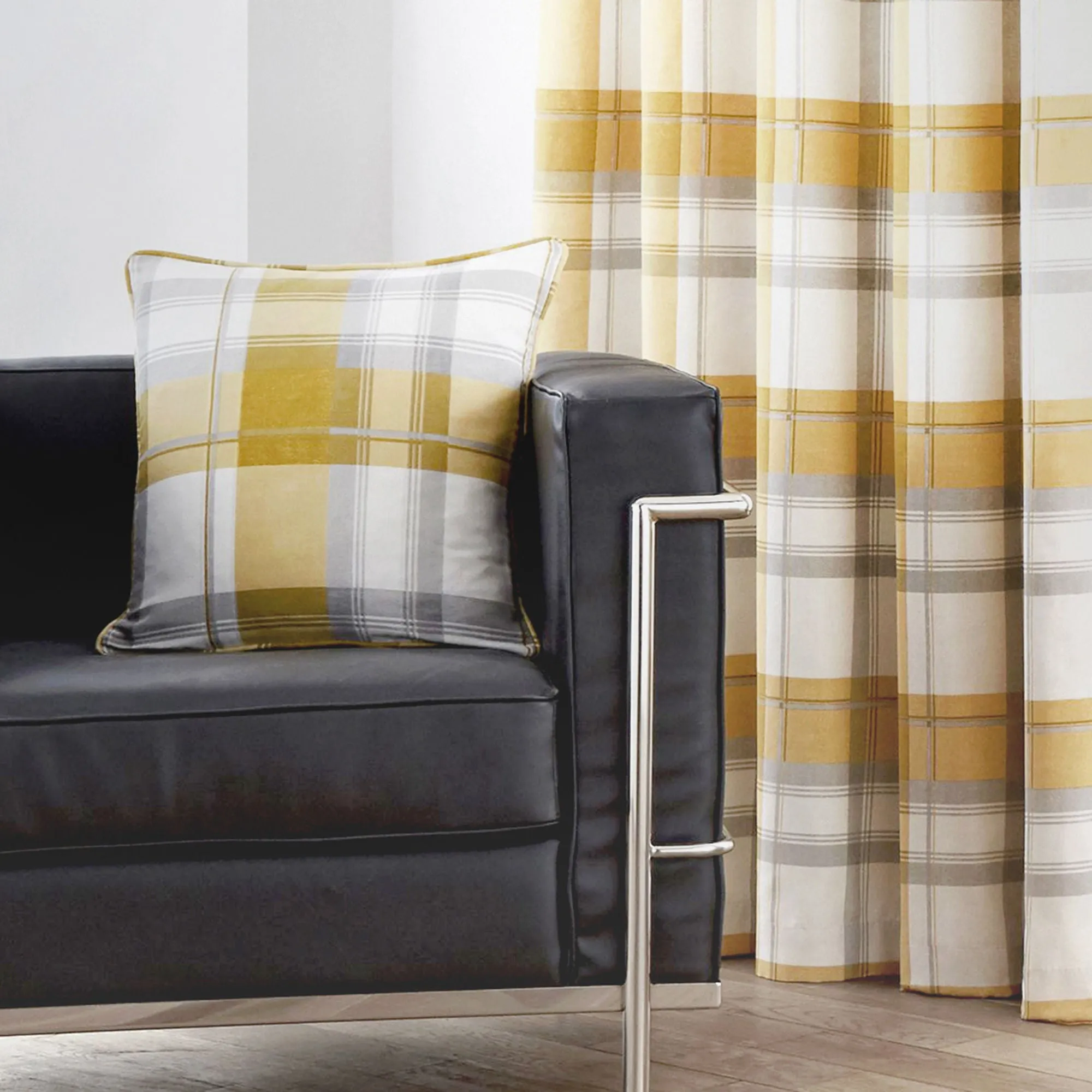 Balmoral Check Cushion by Fusion in Ochre 43 x 43cm