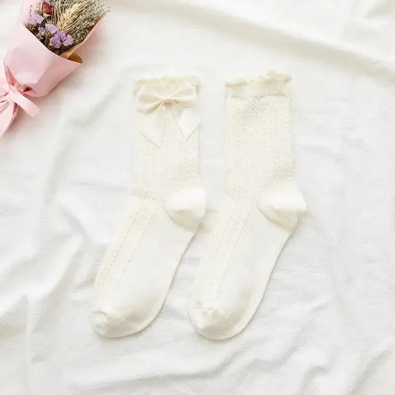 Beige Cream Color Lace Bow Socks | Sweet Lolita Dresses