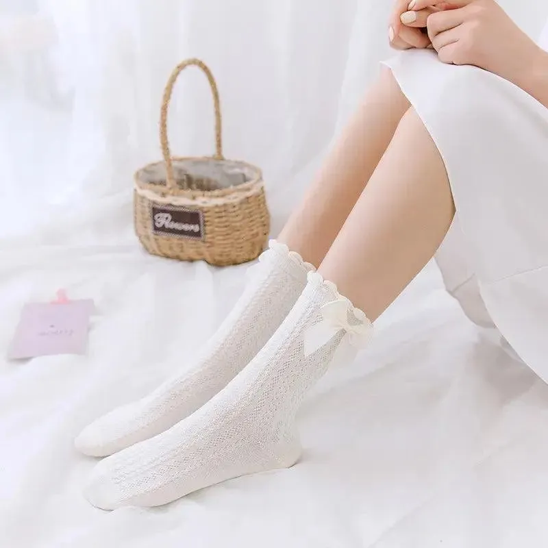 Beige Cream Color Lace Bow Socks | Sweet Lolita Dresses