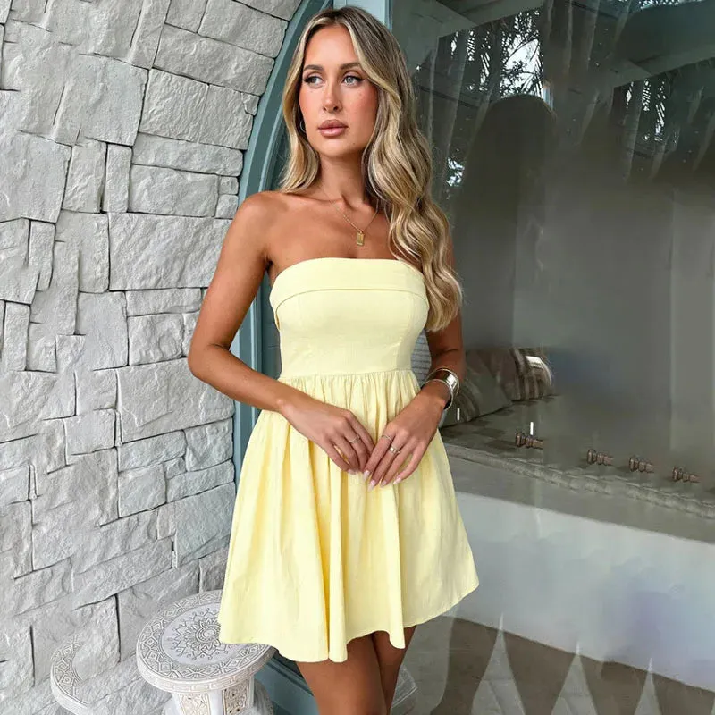 Big Hot Sleeveless Hem A-line Slash Girl Mini Party Strapless Sexy Solid Birthday Neck Dress